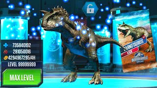 UNLOCKING CARNOTAURUS 9999 X3 MAXED  JURASSIC WORLD THE GAME [upl. by Downey363]