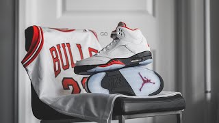 Air Jordan 5 Retro quotWhite  Black  Fire Redquot Review amp OnFeet [upl. by Ker]