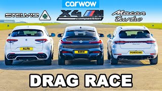 BMW X4M v Porsche Macan Turbo v Alfa Stelvio QV DRAG RACE [upl. by Mikael]