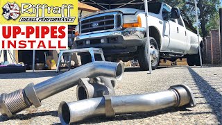 2001 F350 73  RiffRaff UpPipes Install  Stock up pipes leaking and falling apart JUNK SP [upl. by Gradey655]