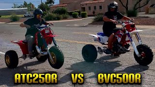 HONDA 1985 ATC250R VS CR500 MODERN TRIKE DRAG RACE [upl. by Atteroc226]