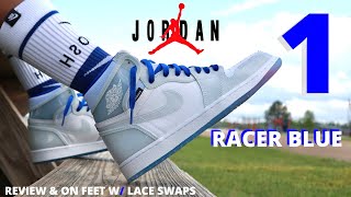 JORDAN 1 quotRACER BLUEquot REVIEW amp ON FEET W LACE SWAPS [upl. by Arianie]